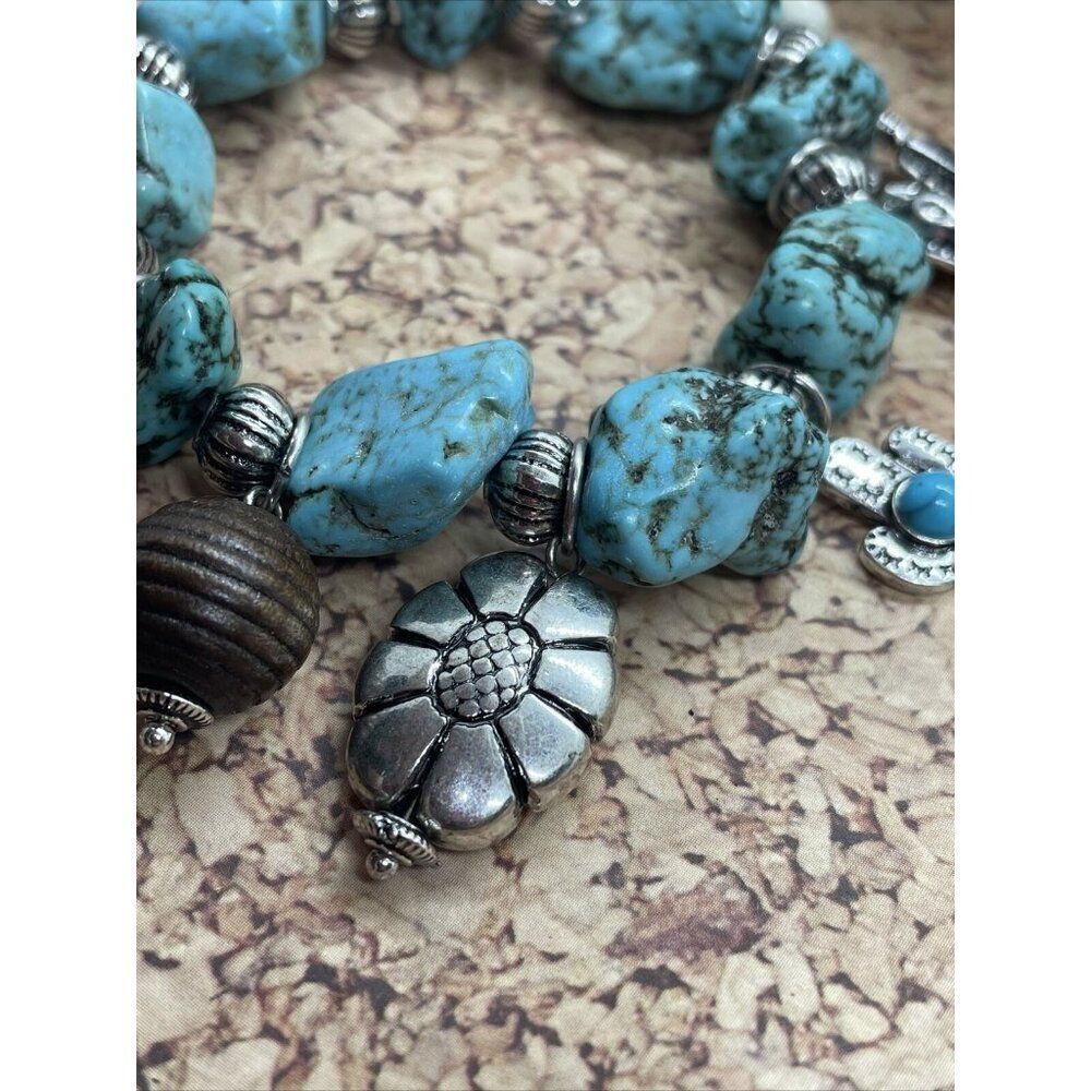 Turquoise Nugget Stretch Bracelet Feather Cactus Cow Western Bead Wood Flower - Picture 6 of 15